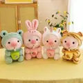 Four plush toys in animal costumes on a yellow surface