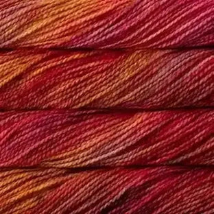 Skein of hand-dyed yarn in vibrant red, orange, and pink variegated colorway