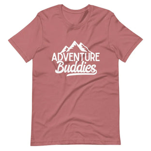 Mauve t-shirt with 'Adventure Buddies' text and mountain graphic on a white background