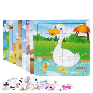 Set of children's animal-themed puzzles with a goose illustration on a white background