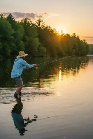Person fishing on a calm lake at golden hour during summer, casting a line with warm sunlight reflecting off the water