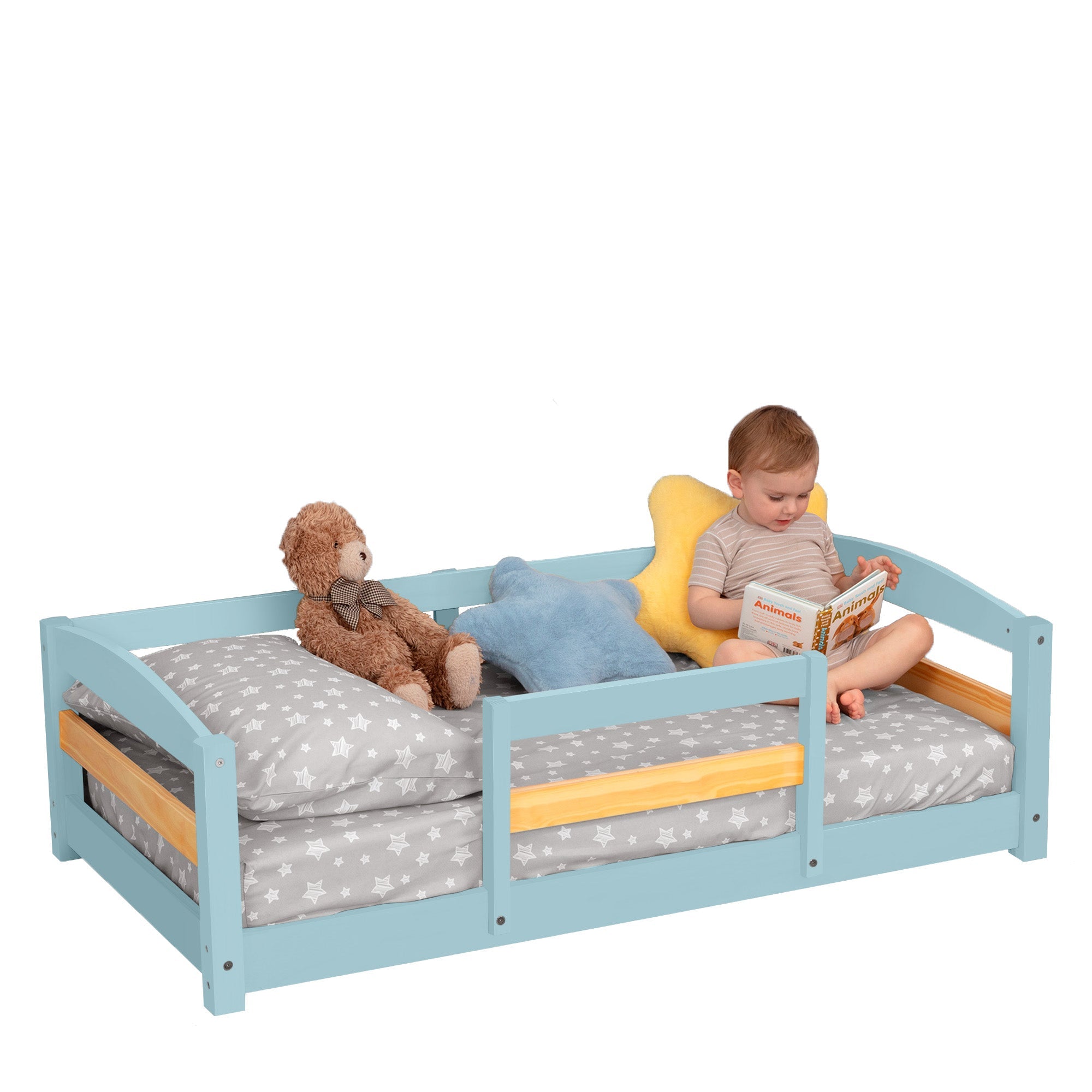 Toddler Bed with Full Safety Rails — Pine & Birch Wood, Fits Standard Crib Mattress