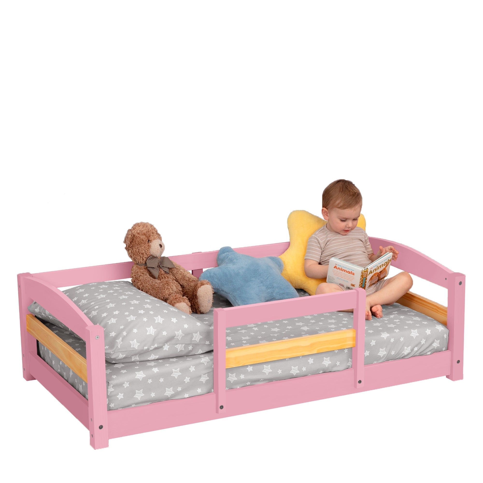 Toddler Bed with Full Safety Rails — Pine & Birch Wood, Fits Standard Crib Mattress