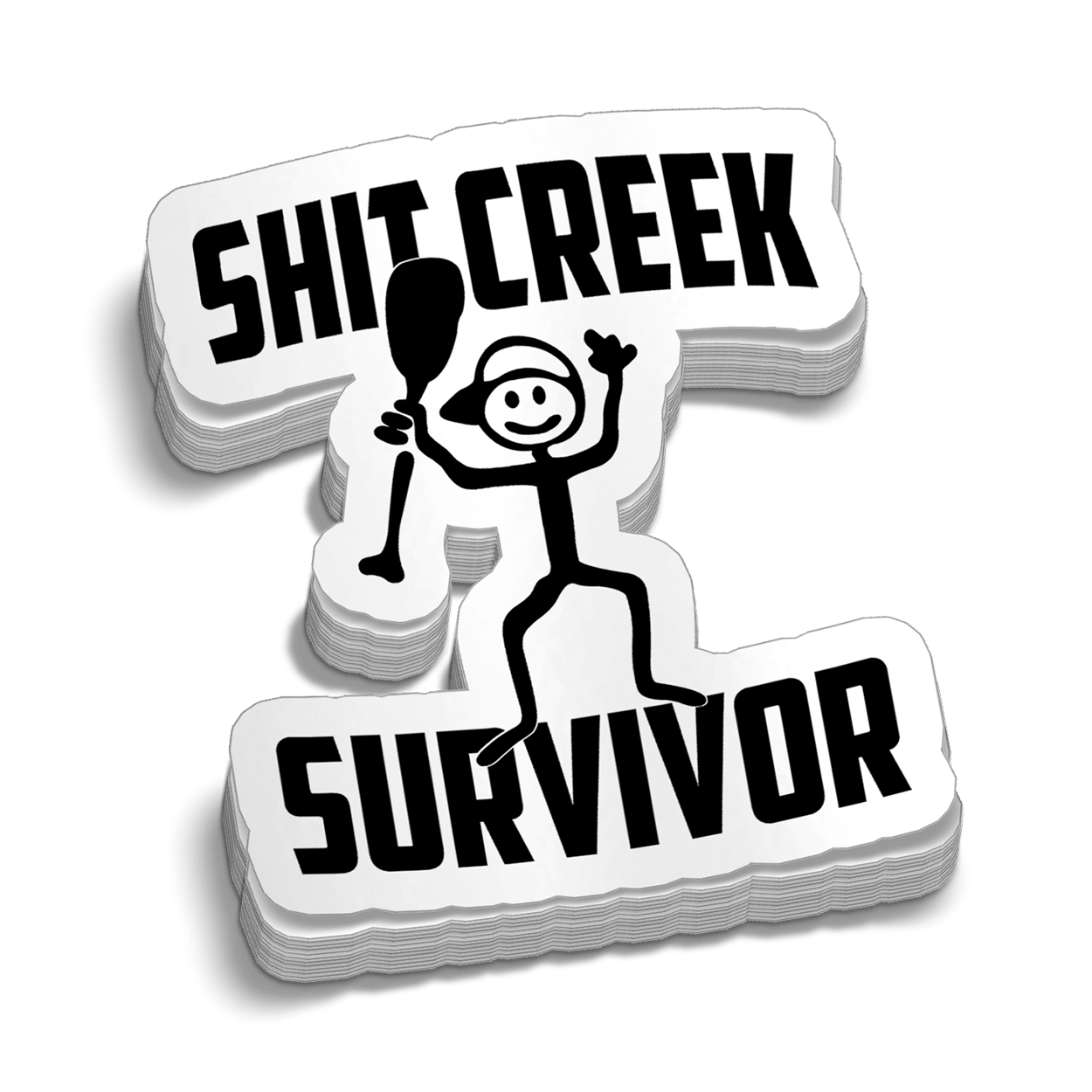 Logo with text 'Shit Creek Survivor' featuring a stick figure on a green background