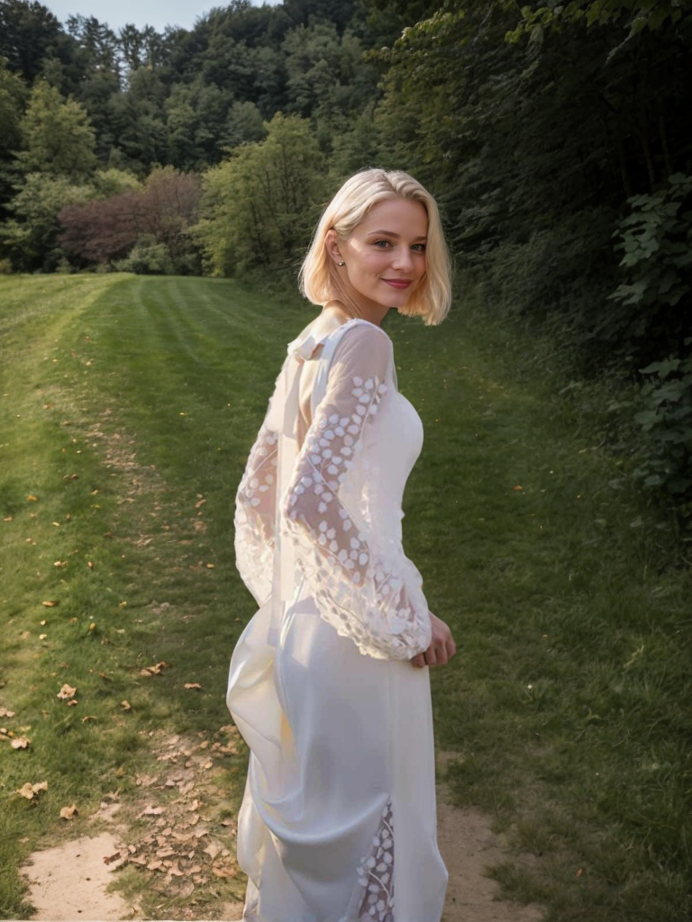 Woman in a white lace dress standing in a natural setting with greenery.