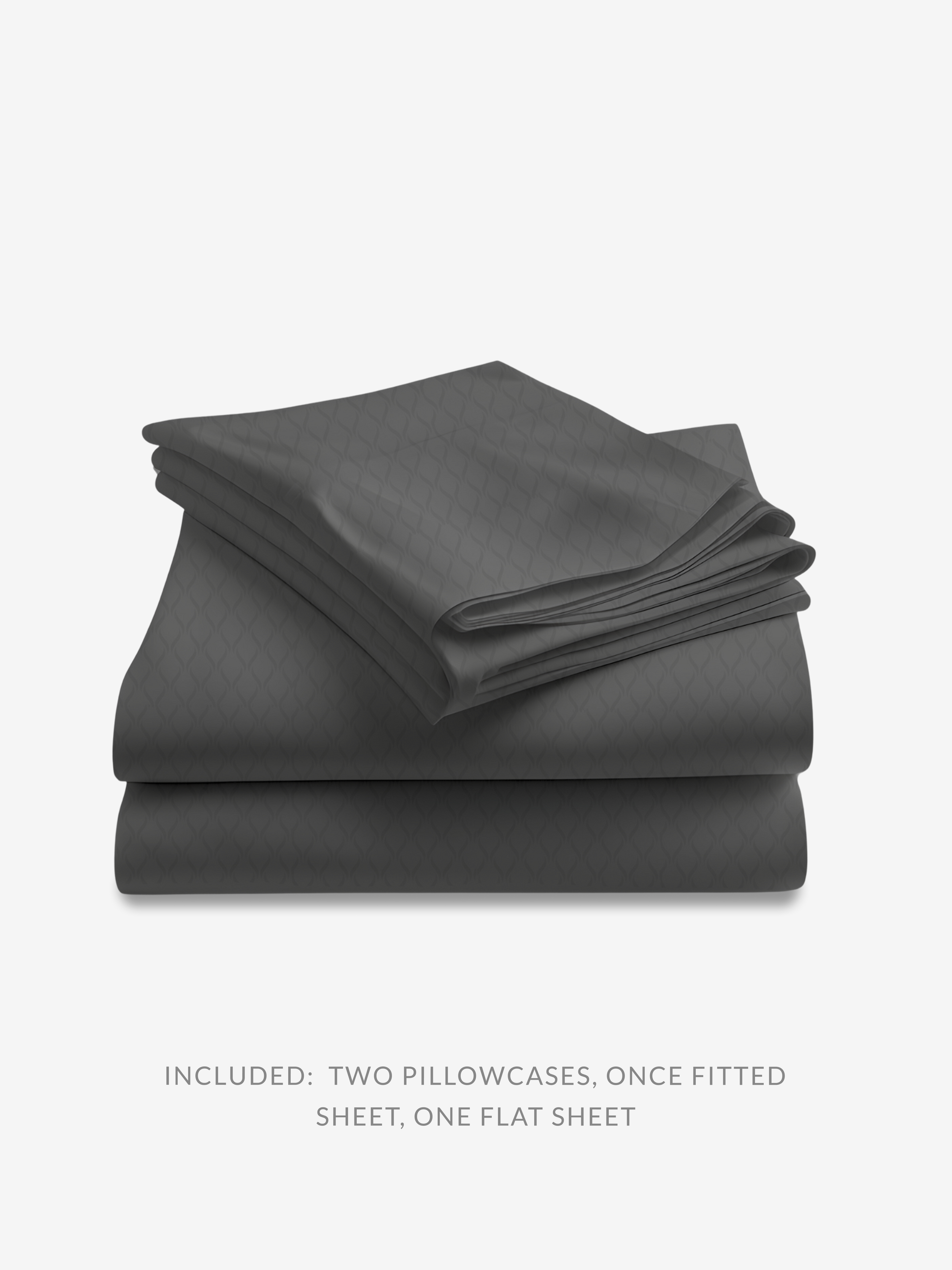 Gray bedding set with two pillowcases, a fitted sheet, and a flat sheet on a light gray background.