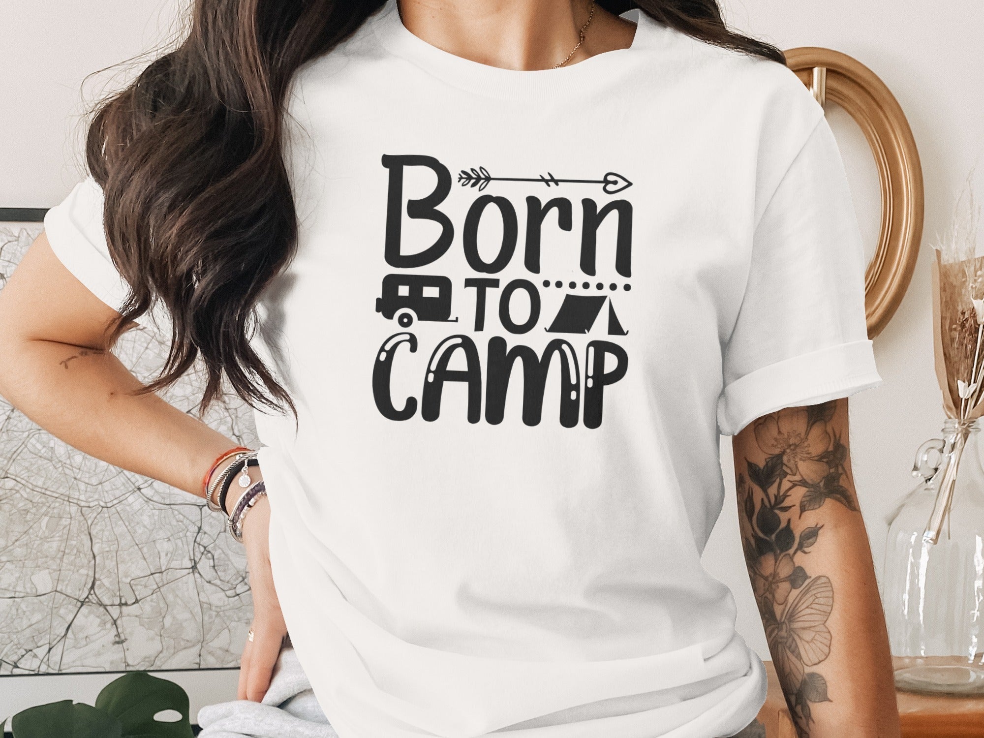 Born To Camp With Tent And Camper Fun Outdoors T-Shirt