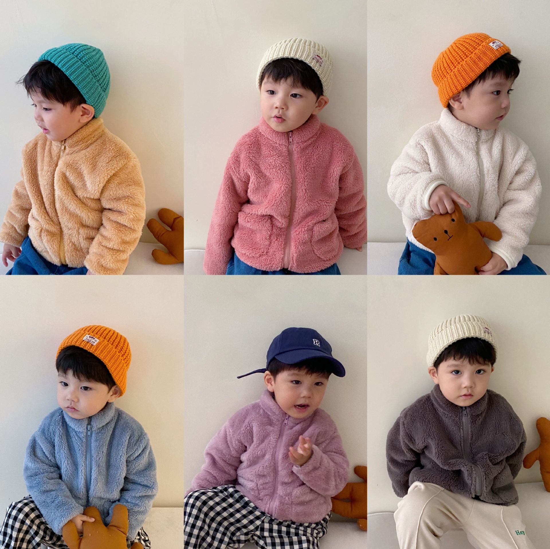 Collage of a child wearing different colored beanies and jackets with a teddy bear.