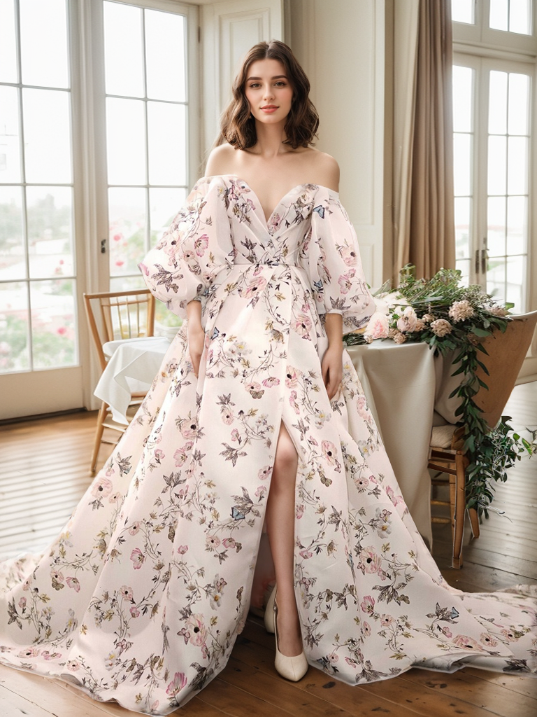 Woman in a floral off-shoulder gown standing in a room with large windows and a table with flowers.