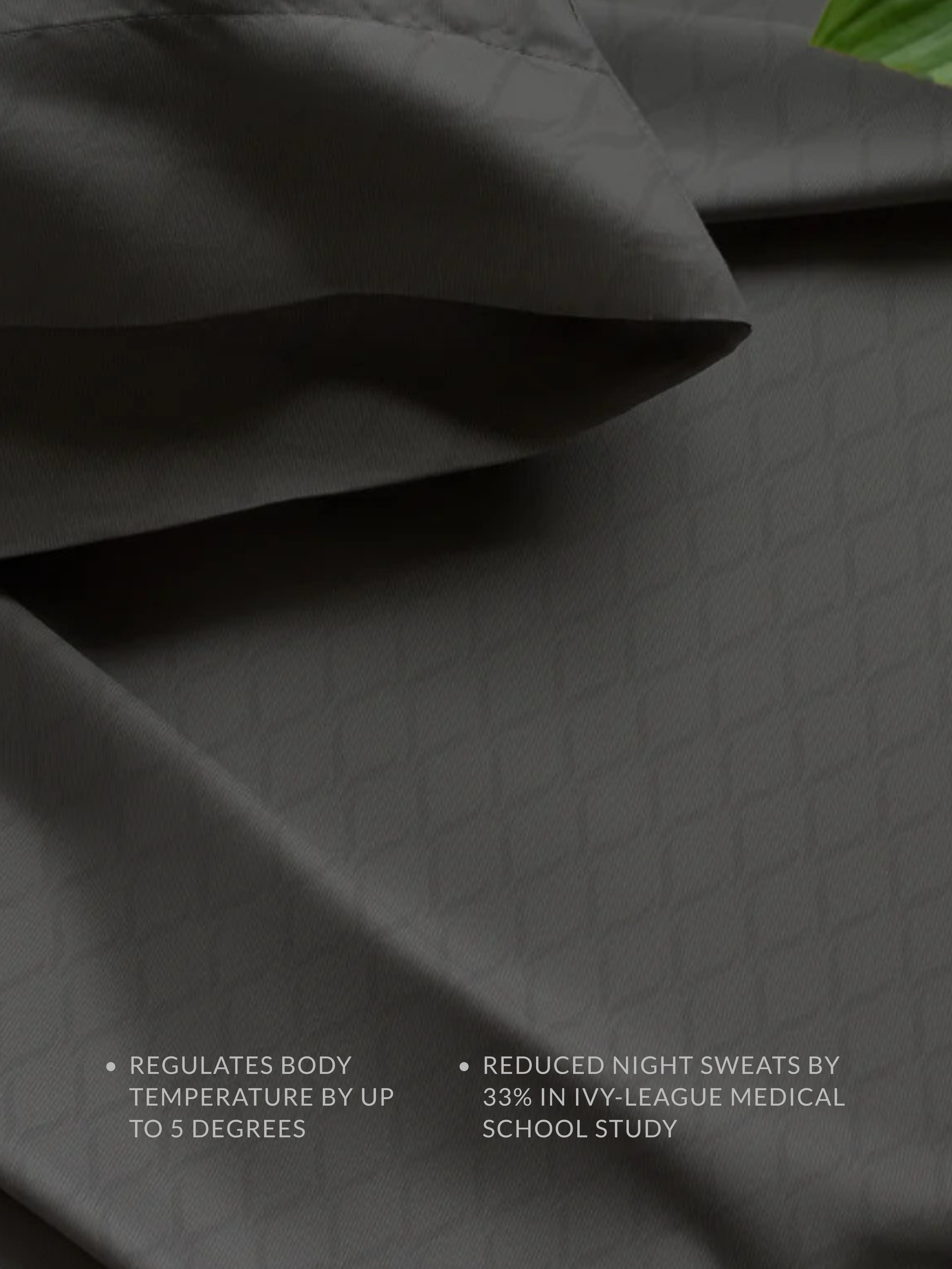 Dark fabric with text on regulating body temperature and reduced night sweats.