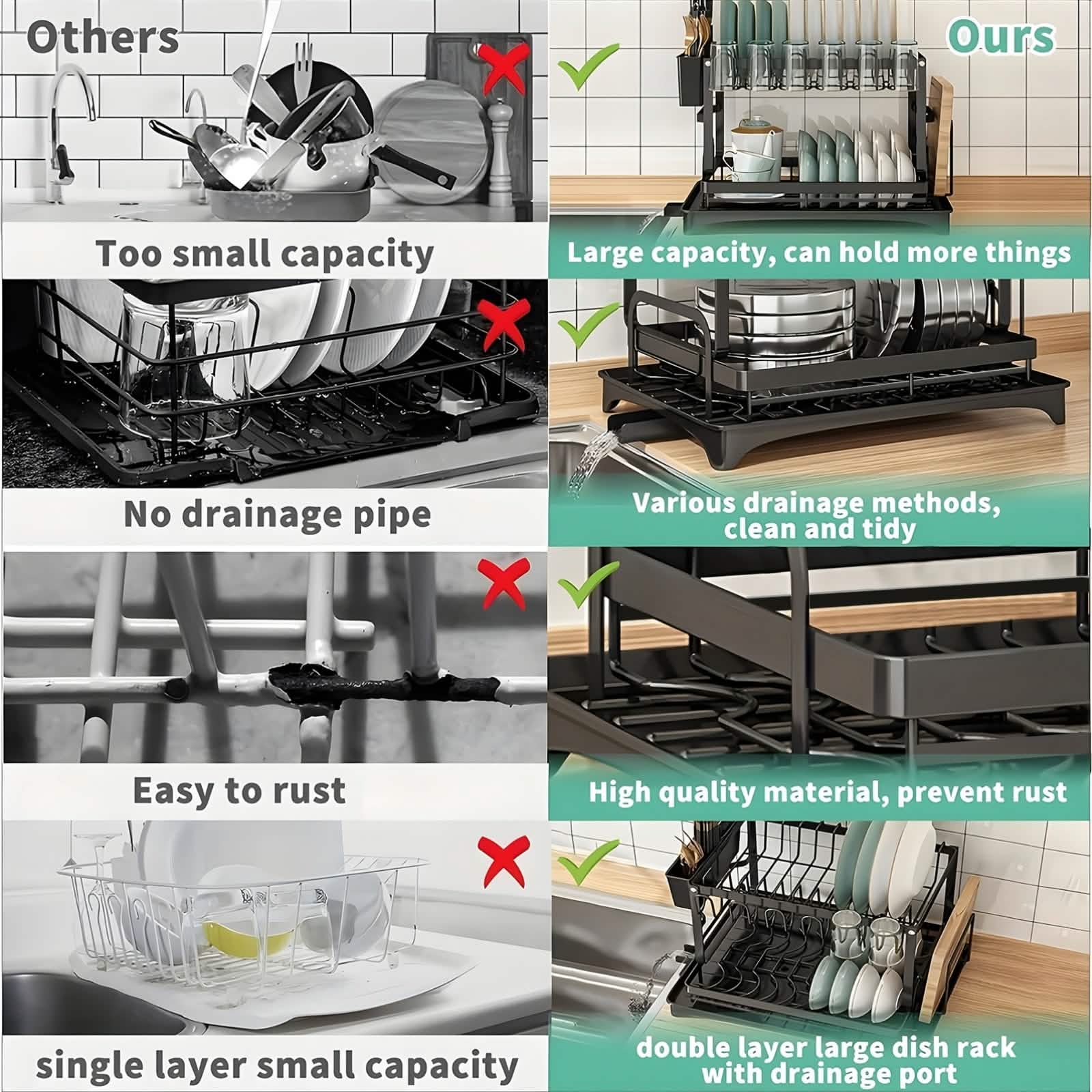 Black Metal Dish Rack | Rust-Resistant | Cup Hooks & Drainage Tray | 2-Layer & 3-Layer