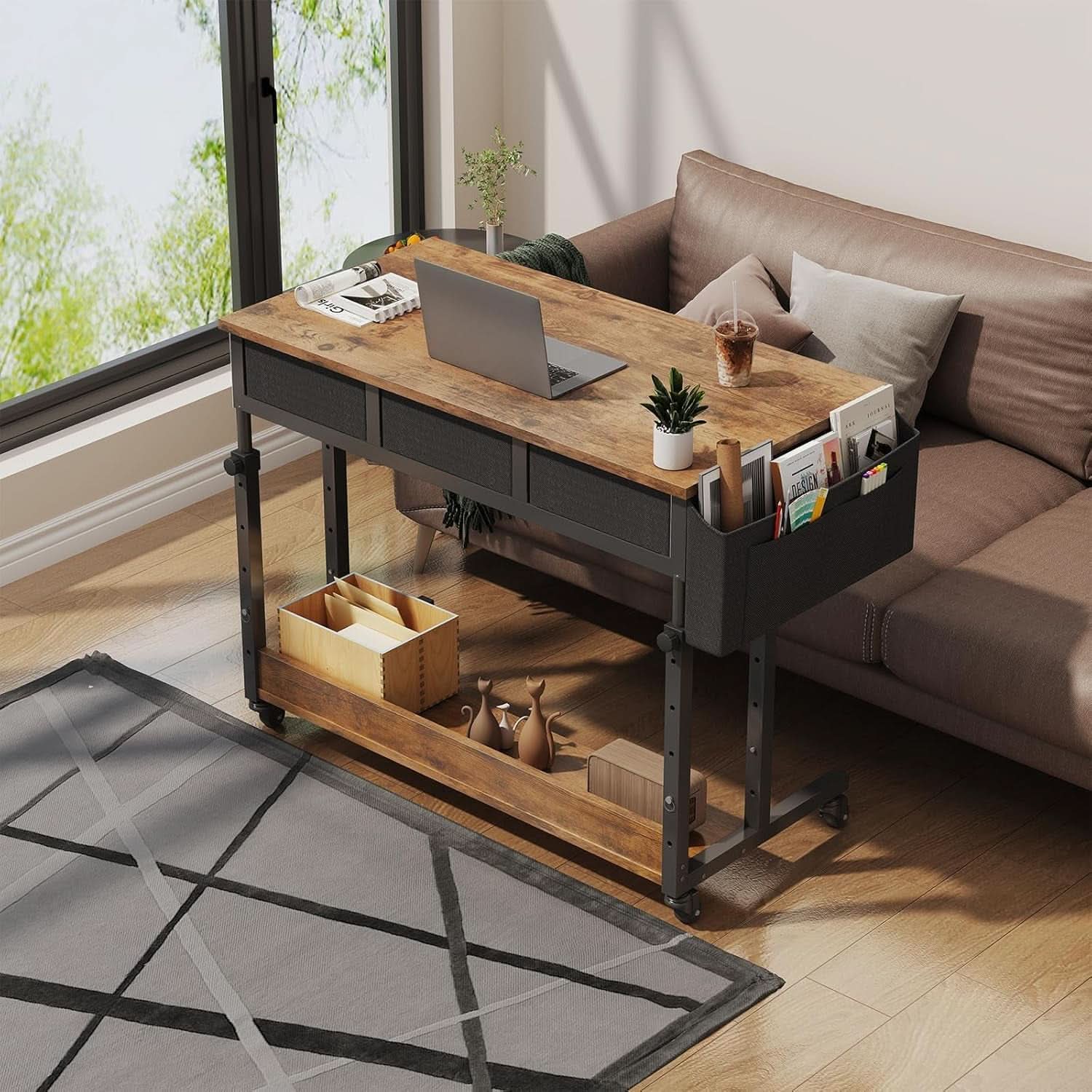 Rolling Height-Adjustable Computer Desk with Drawers – Sit-Stand Mobile Home Office Workstation