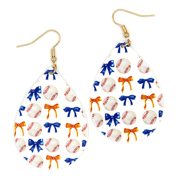 Teardrop Gameday Bow Baseball Earrings – White, Orange & Blue Resin Acrylic