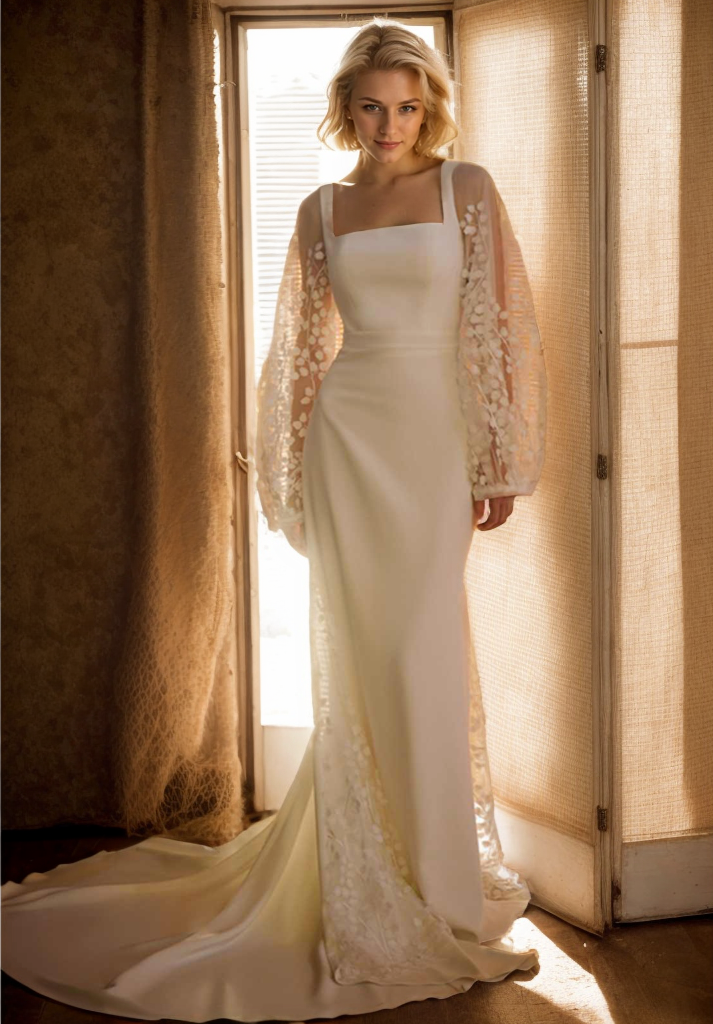 Woman in a white wedding dress with a lace shawl standing in a softly lit room.