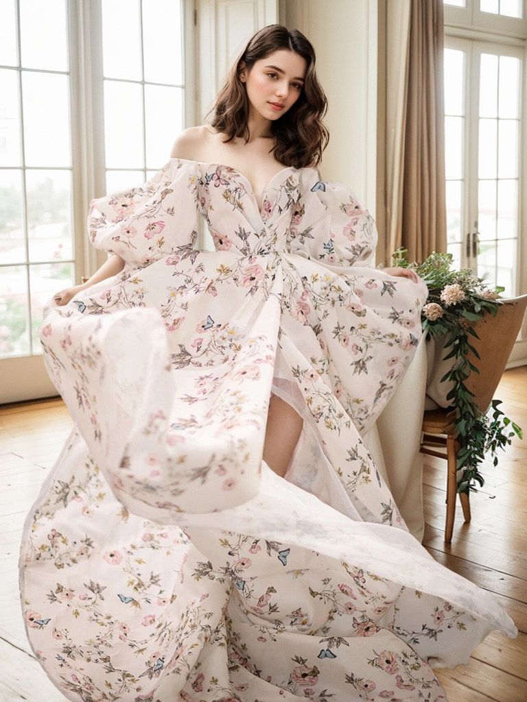 Woman in a floral dress sitting indoors with large windows and plants.