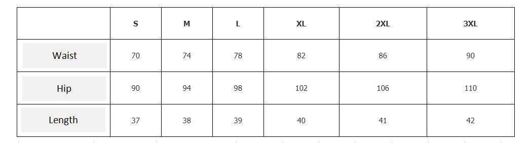 Measurement chart for waist, hip, and length with size labels S to 3XL.