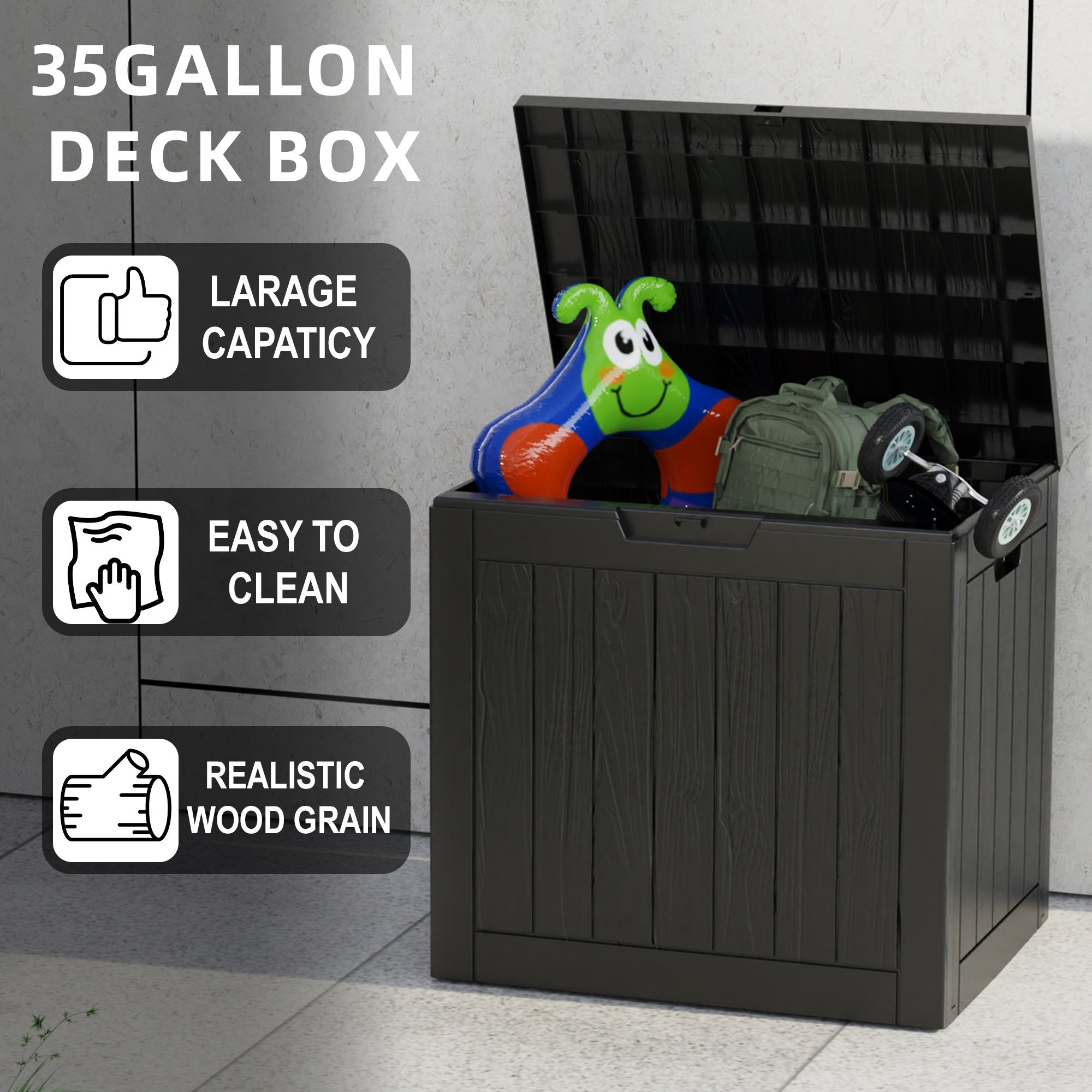 35 Gallon Outdoor Resin Storage Box | Lockable Flip-Top | Black/Wood Grain