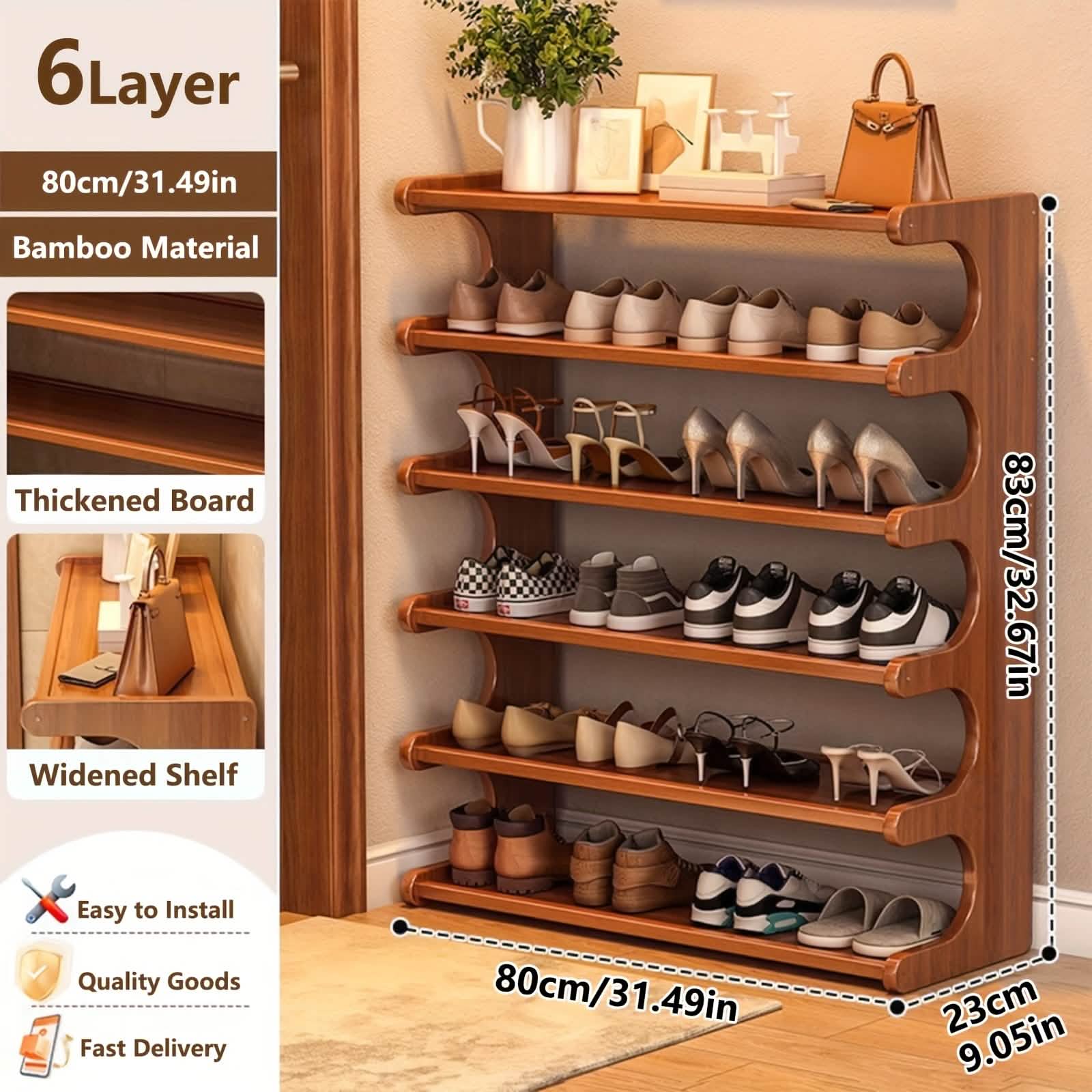 Bamboo Shoe Rack Organizer — 5-Tier or 6-Tier, Holds 15–24 Pairs | Space-Saving Vertical Design
