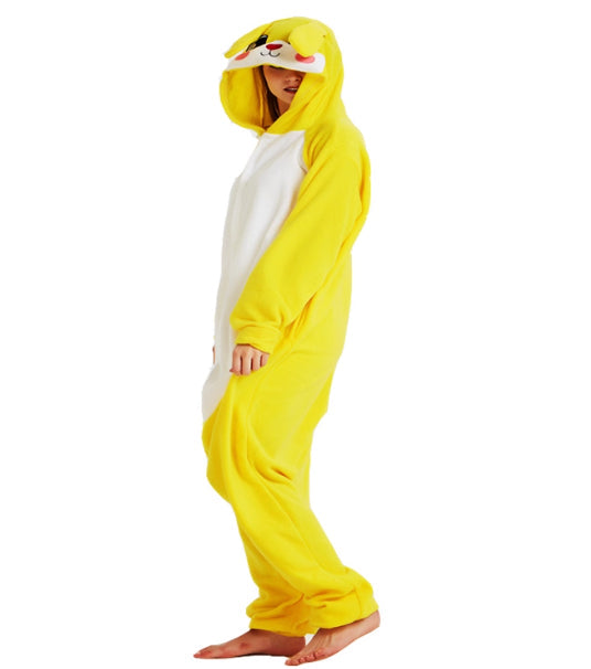 Person wearing a yellow and white onesie with a hood on a white background