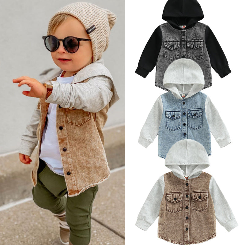 Child wearing a beige jacket, hat, and sunglasses with a side view of denim jackets.
