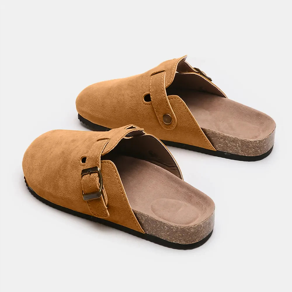 Suede Closed-Toe Buckle Slide – Faux Suede Flat Sandal
