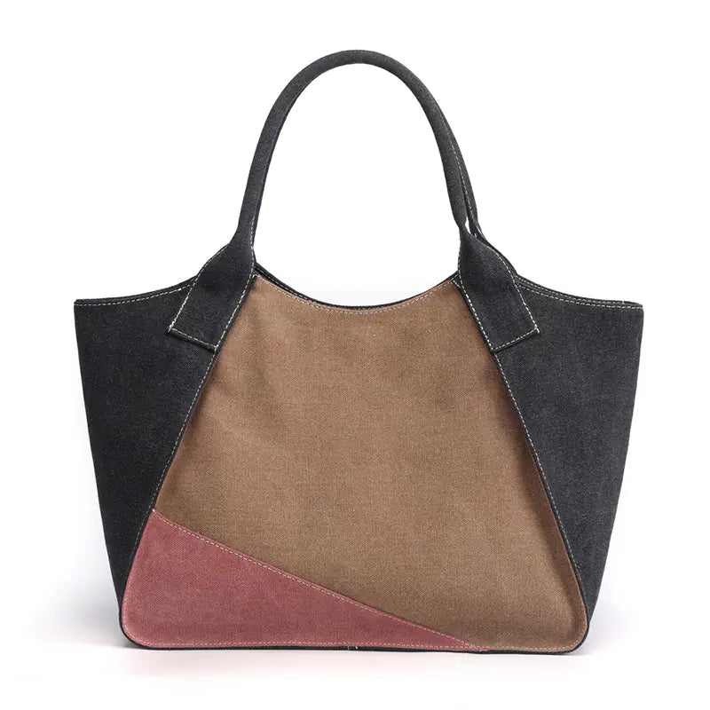 Large Canvas Shoulder Bag for Women – Spacious Commuter Tote in Grey & Coffee