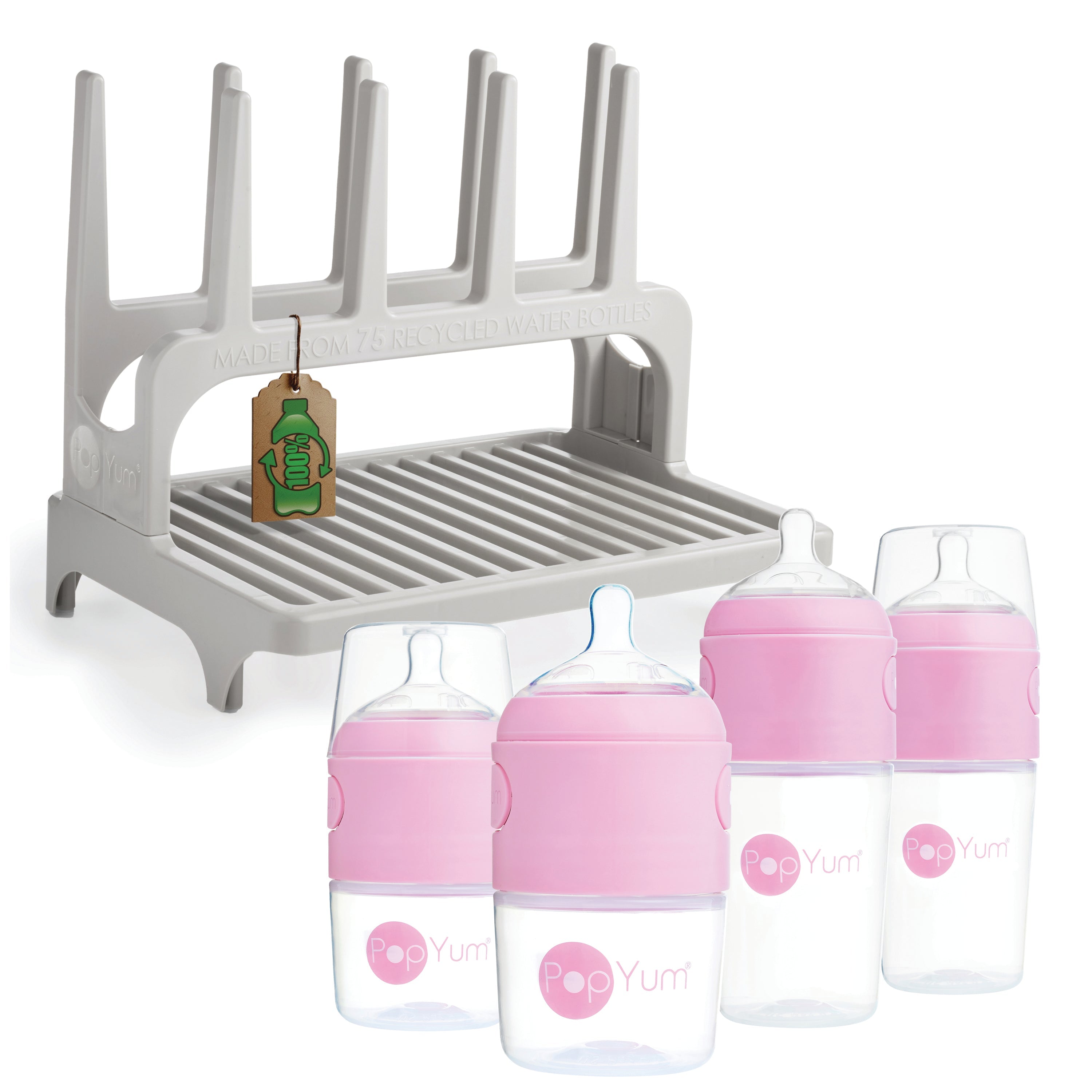 PopYum Baby Bottles + Drying Rack Bundle – Pink One-Handed Feeding Set