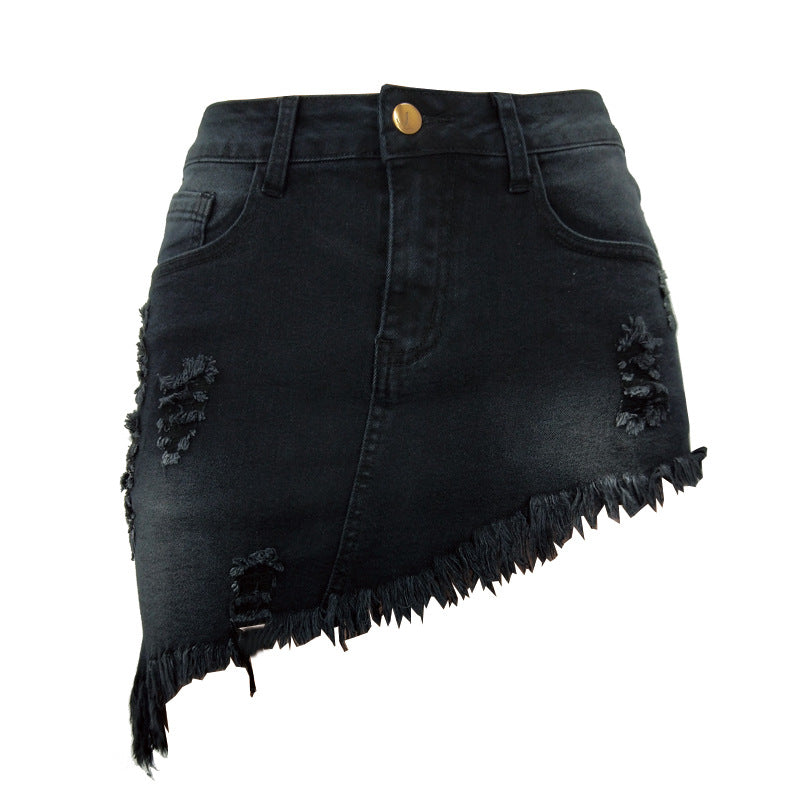 Black denim skirt with frayed edges on a white background
