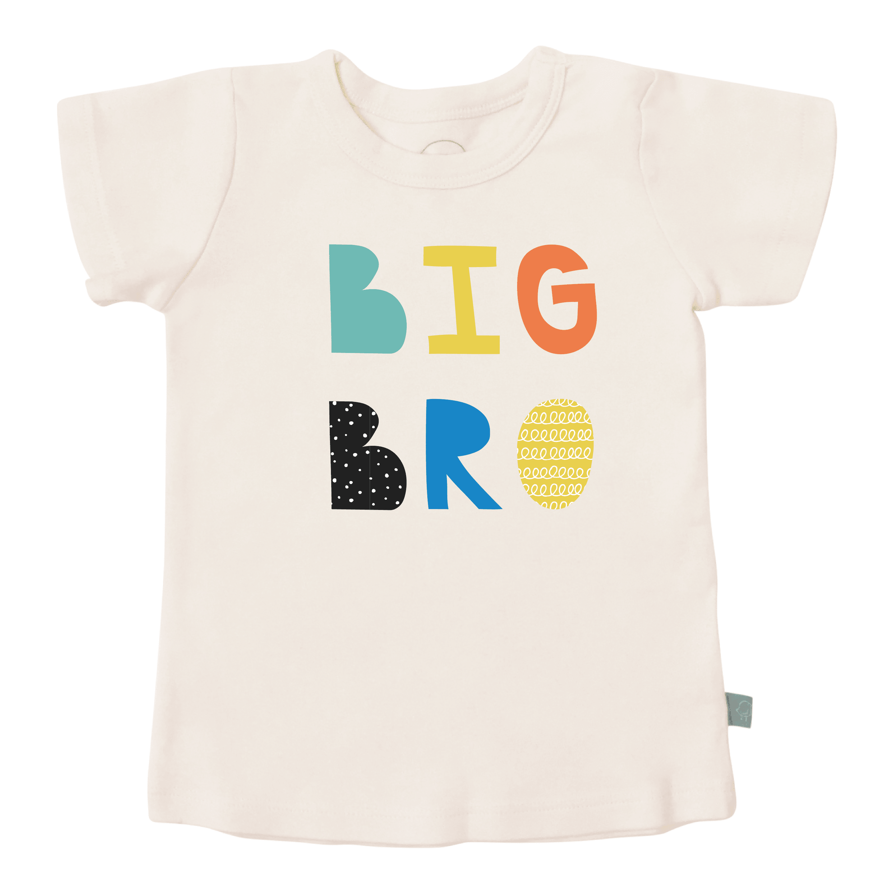 Beige t-shirt with colorful 'BIG BRO' text on a white background