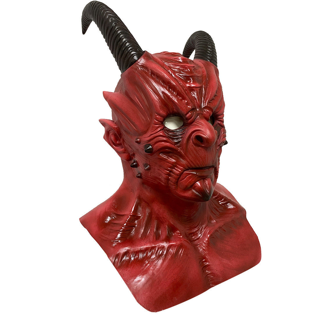 Red devil mask with black horns on a white background