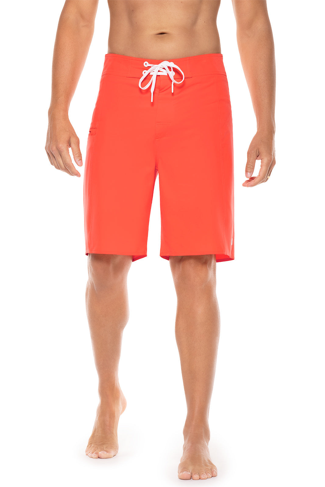 Red swim shorts with a white logo on a white background
