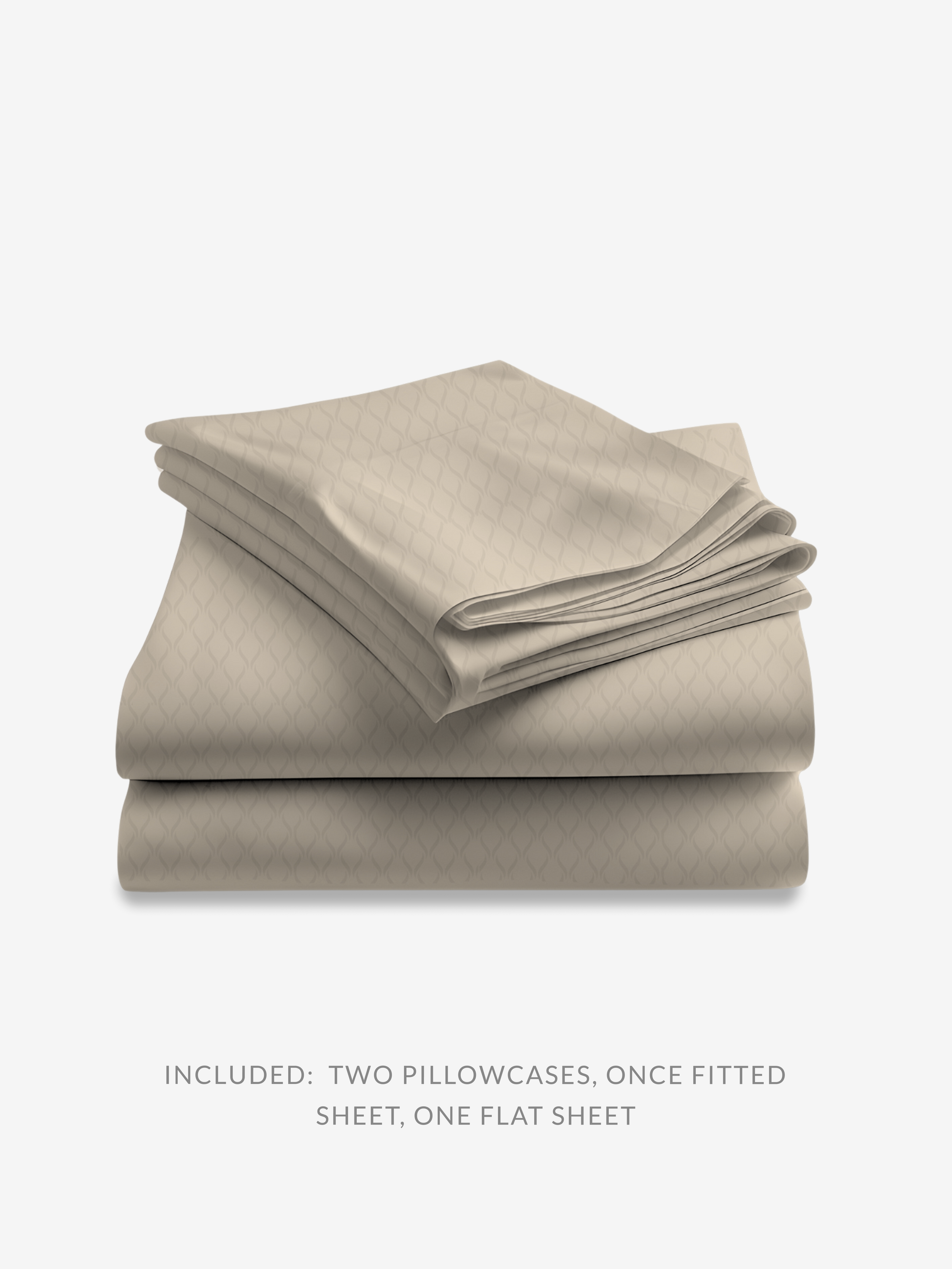 Folded beige bed sheets with two pillowcases on a light gray background