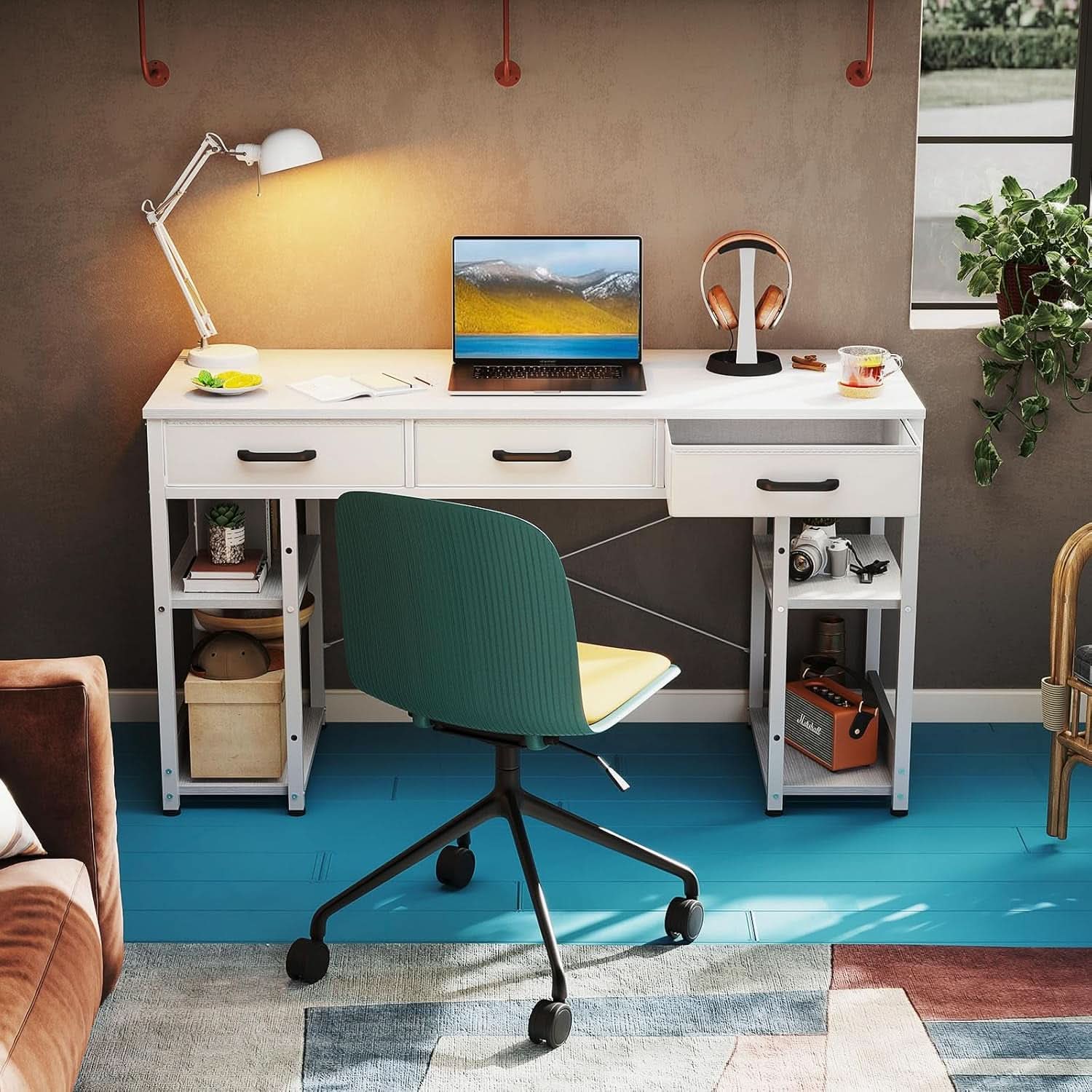 48-Inch White Contemporary Desk with Drawers – Modern Home Office & Study Computer Desk