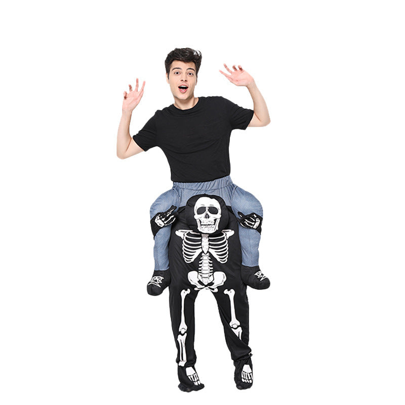 Person wearing a skeleton piggyback costume on a white background