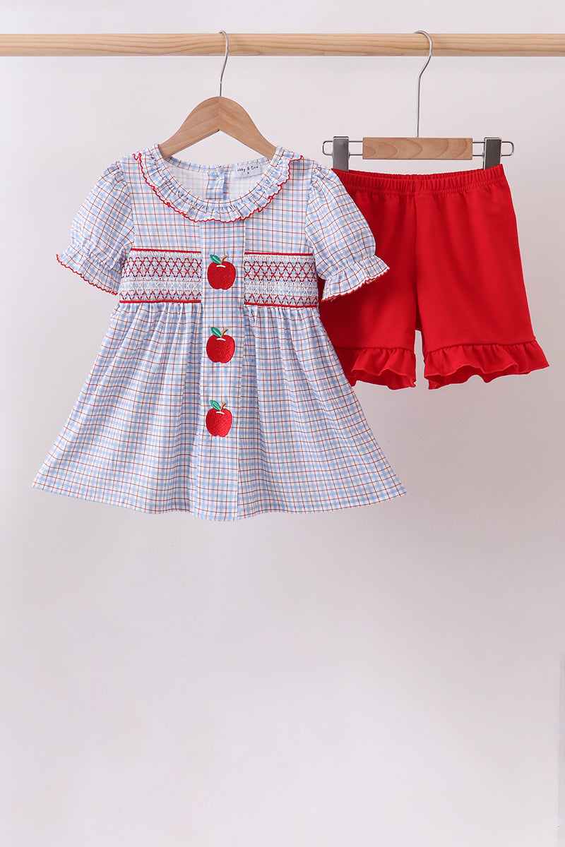 Girls Blue Apple Embroidered Plaid Ruffle Shorts Set – Kids 2-Piece Outfit