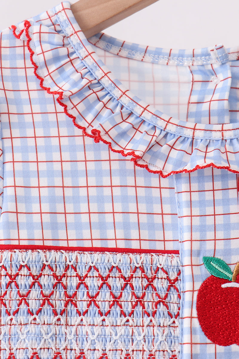 Girls Blue Apple Embroidered Plaid Ruffle Shorts Set – Kids 2-Piece Outfit