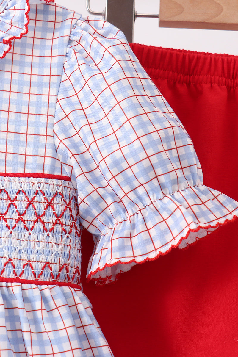 Girls Blue Apple Embroidered Plaid Ruffle Shorts Set – Kids 2-Piece Outfit