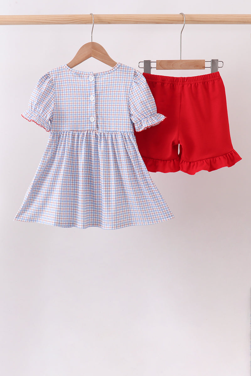 Girls Blue Apple Embroidered Plaid Ruffle Shorts Set – Kids 2-Piece Outfit