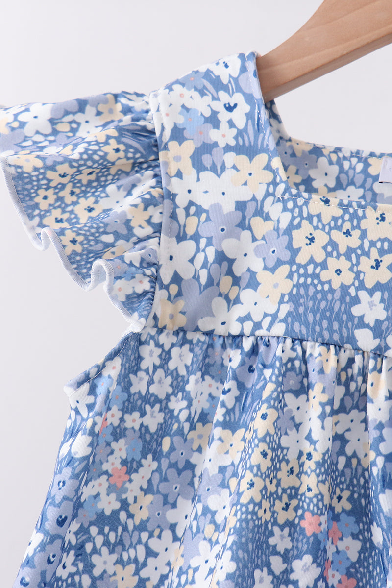 Girls Blue Floral Print Ruffle Pants Set – Soft Cotton 2-Piece Outfit