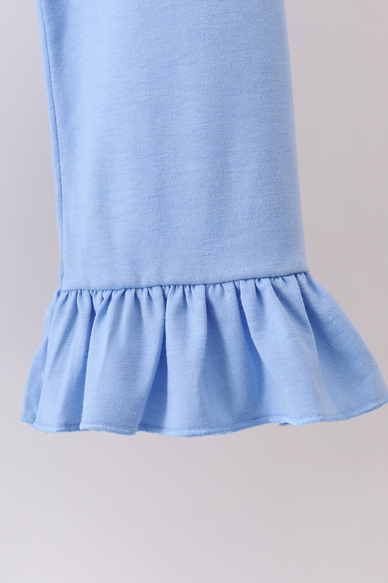 Girls Blue Floral Print Ruffle Pants Set – Soft Cotton 2-Piece Outfit
