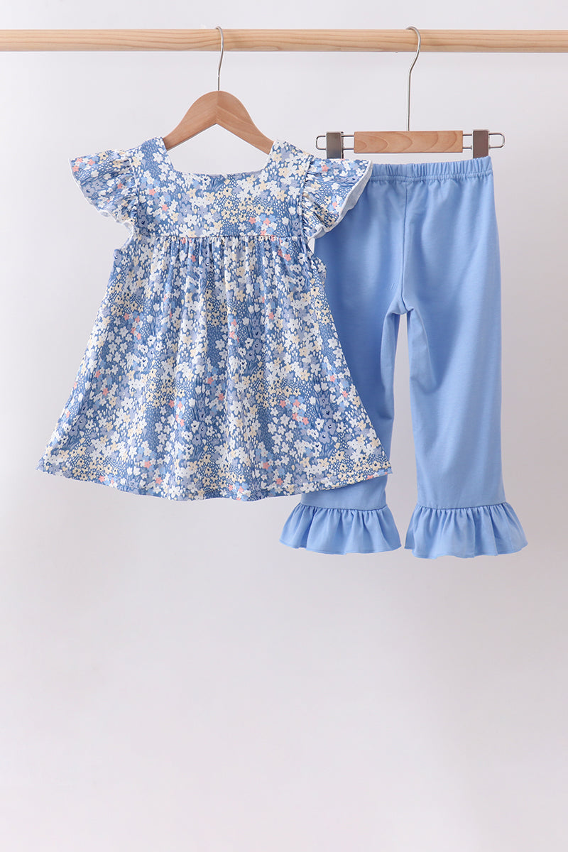 Girls Blue Floral Print Ruffle Pants Set – Soft Cotton 2-Piece Outfit