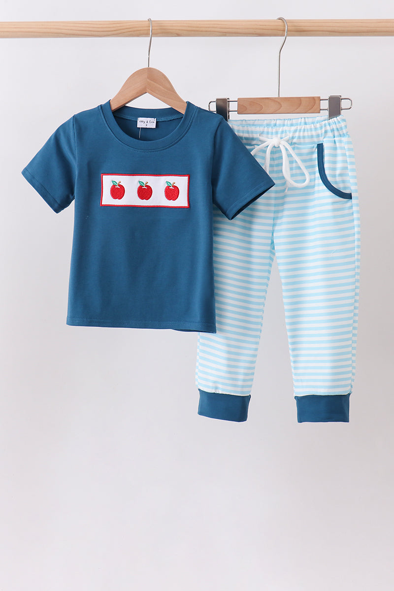 Boys Teal Apple Embroidered Stripe Pants Set – Kids 2-Piece Outfit