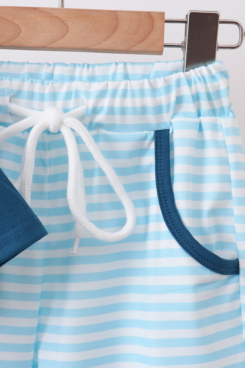 Boys Teal Apple Embroidered Stripe Pants Set – Kids 2-Piece Outfit