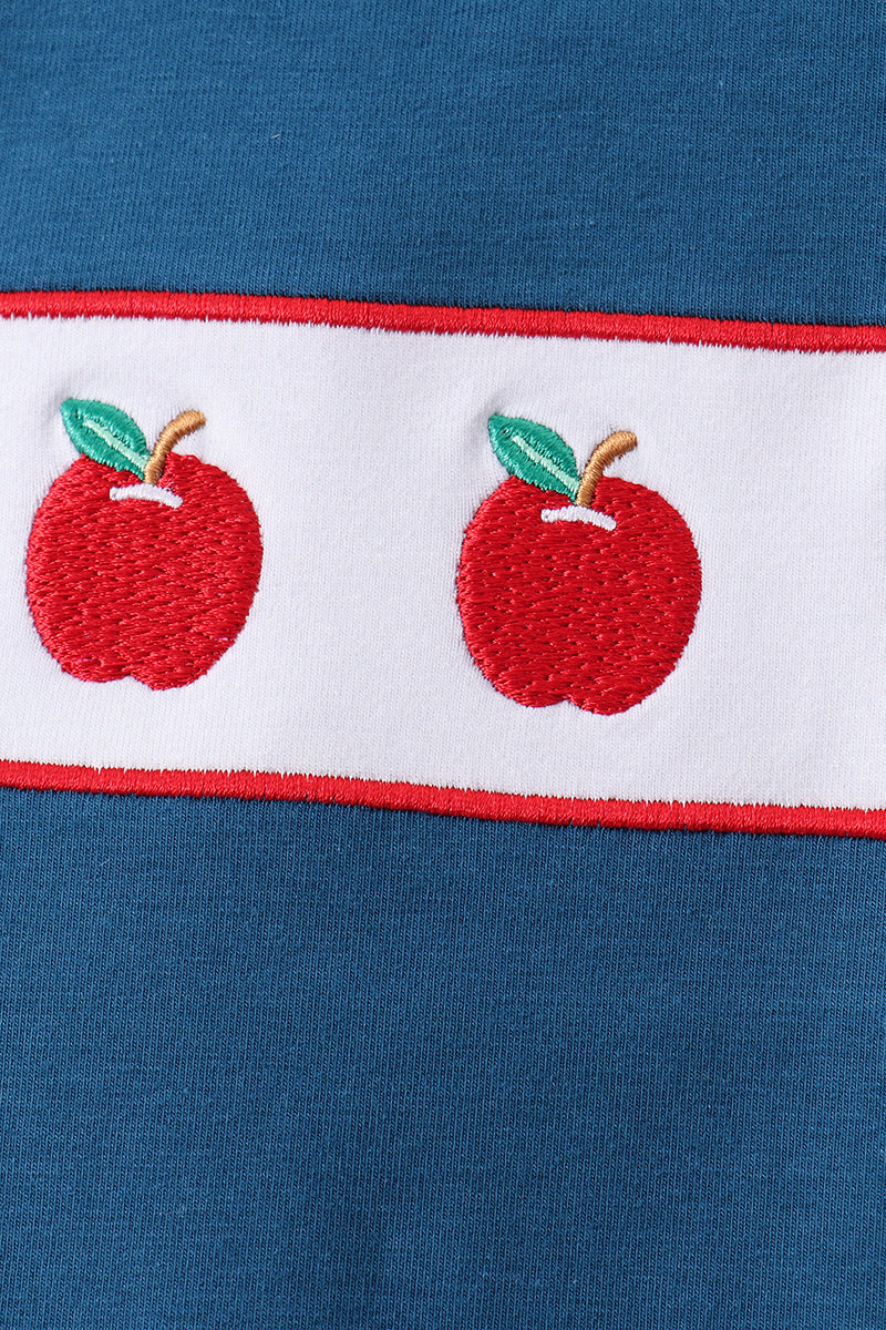 Boys Teal Apple Embroidered Stripe Pants Set – Kids 2-Piece Outfit