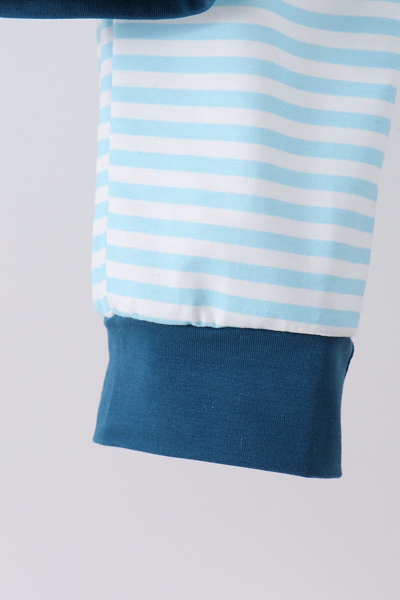 Boys Teal Apple Embroidered Stripe Pants Set – Kids 2-Piece Outfit