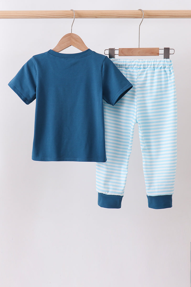Boys Teal Apple Embroidered Stripe Pants Set – Kids 2-Piece Outfit