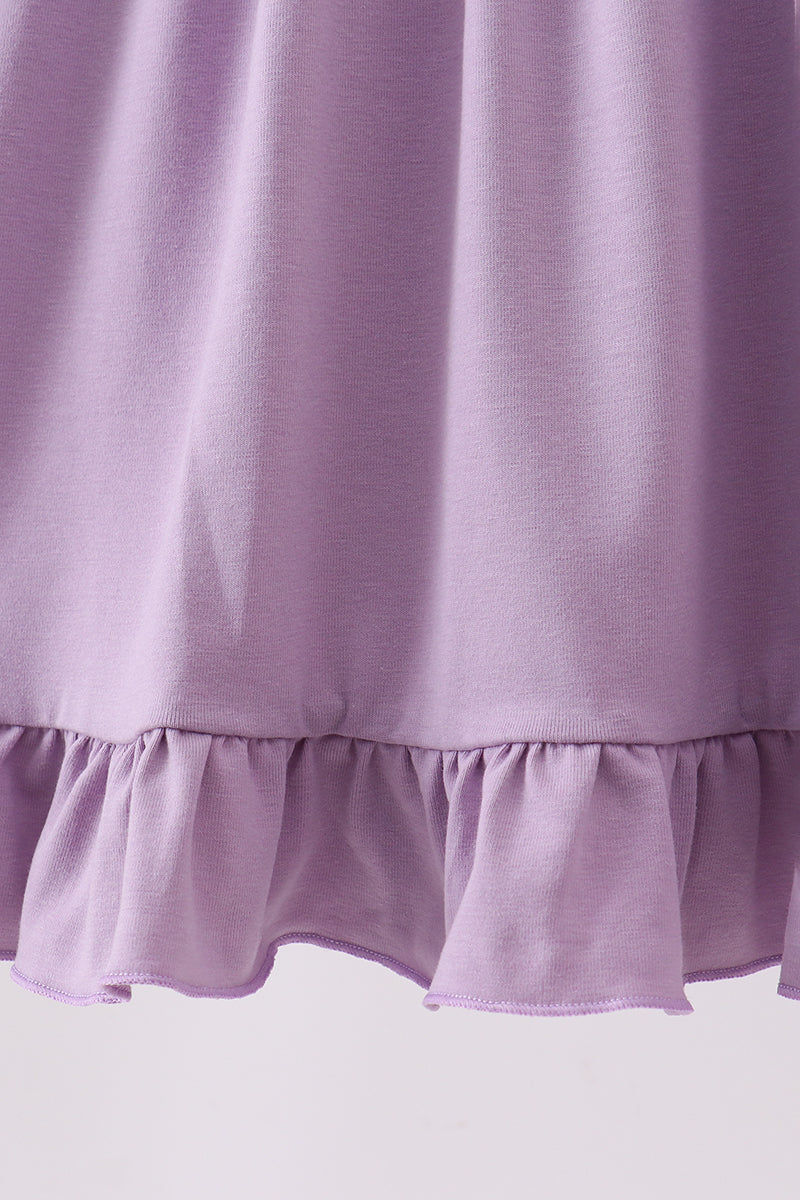 Girls Purple Character Embroidery Ruffle Dress – Soft Cotton Kids Dress