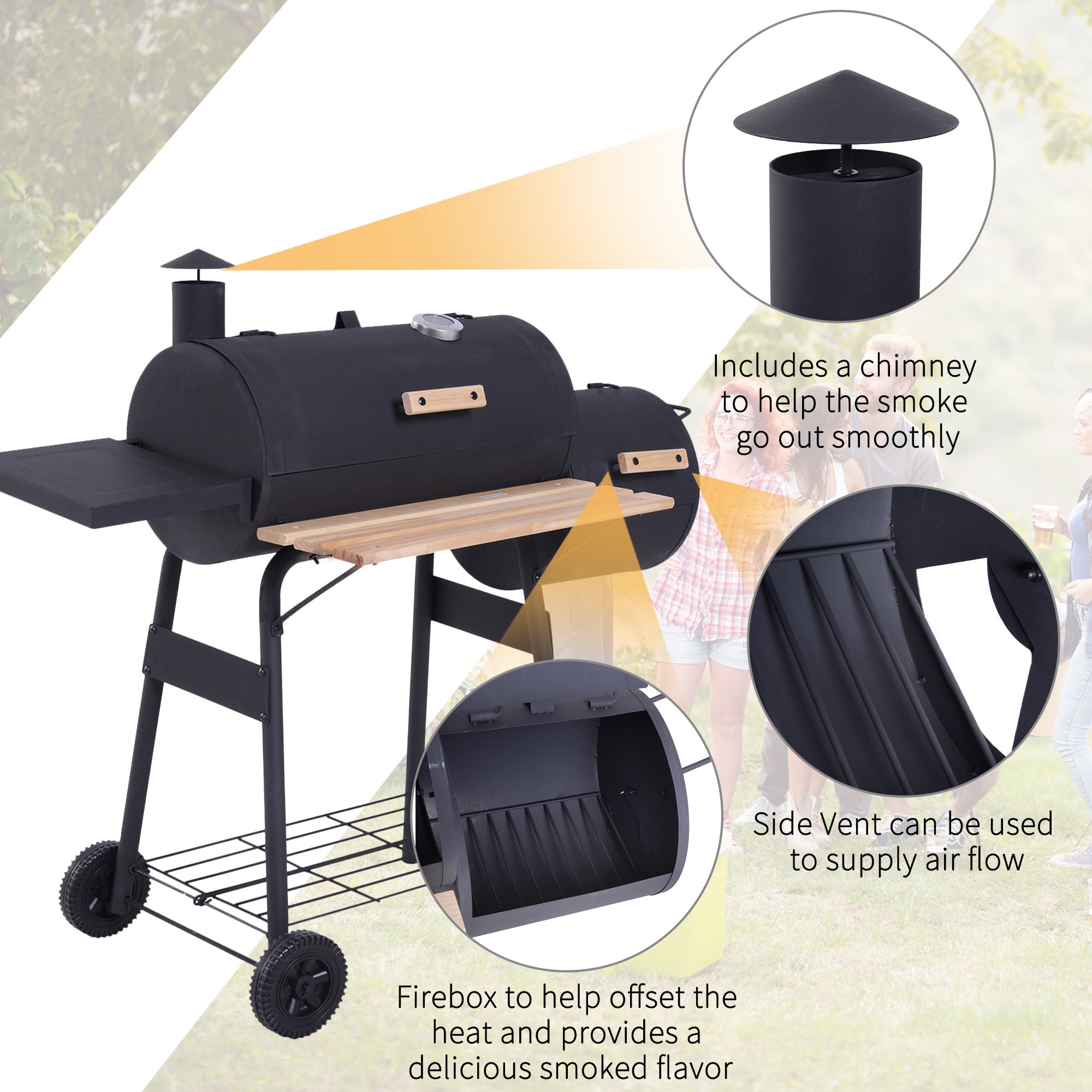 Outsunny 48-Inch Charcoal BBQ Grill & Offset Smoker Combo – Black