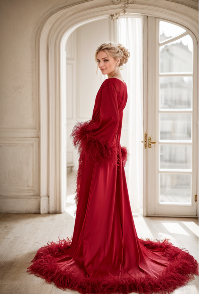 Woman in a red evening gown with feather details standing in a room with large windows.