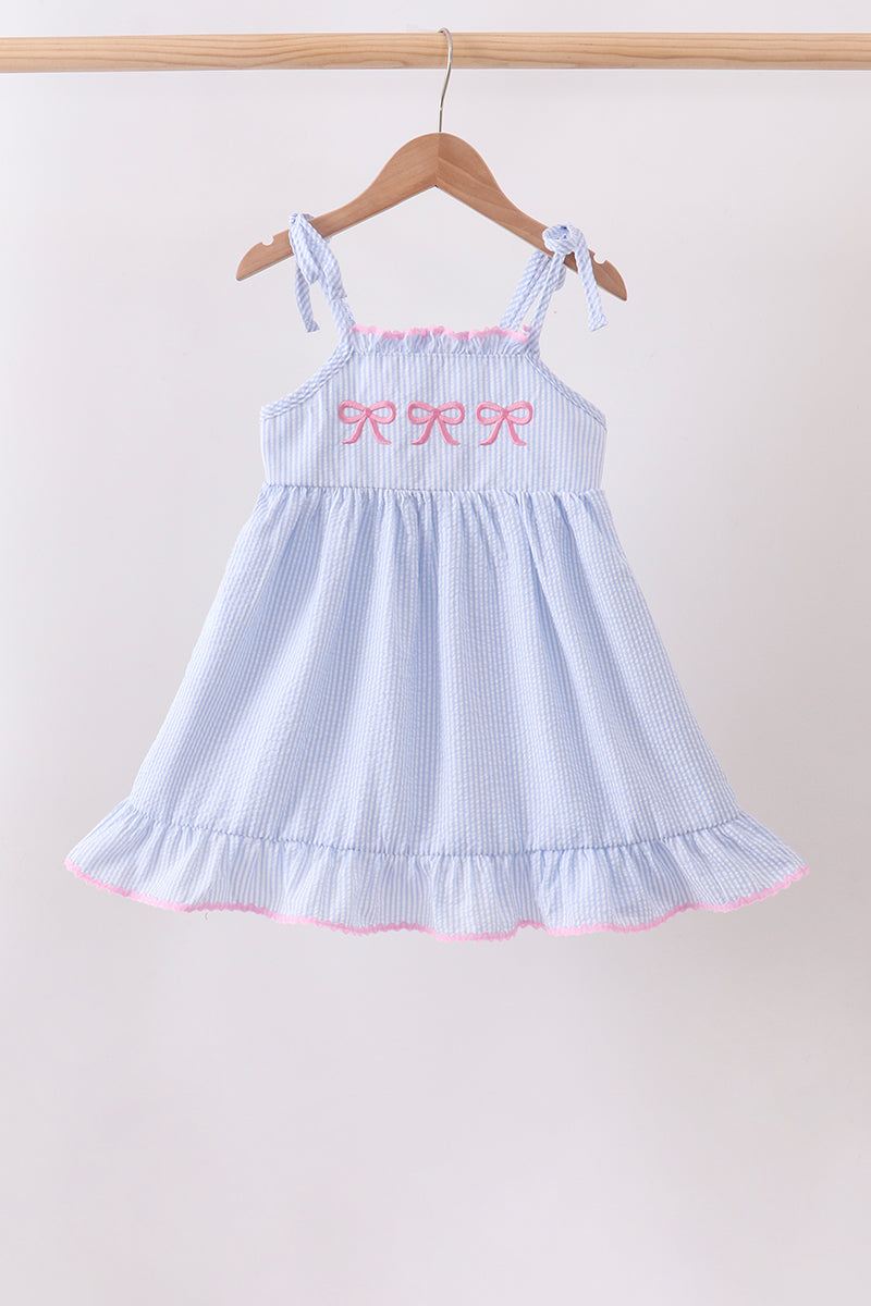 Girls Blue Bow Embroidered Stripe Ruffle Dress – Kids Party Dress